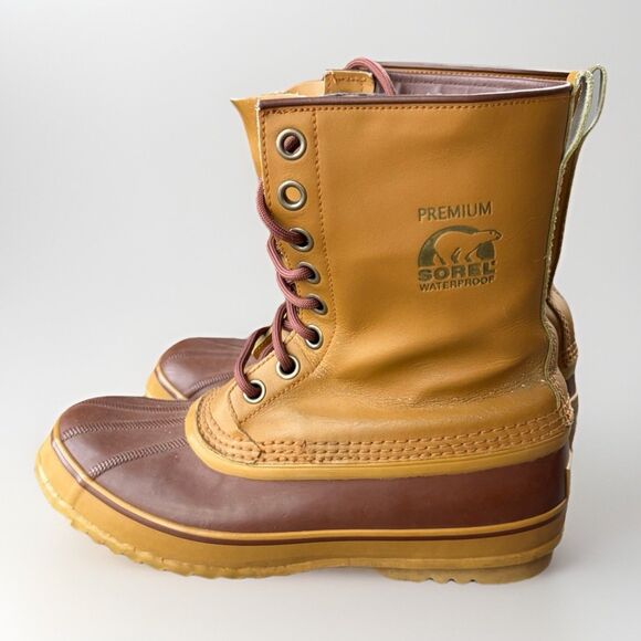 Sorel Premium Tan Leather Winter Snow Boots Mens Size 9 Caribou Waterproof - Picture 1 of 9